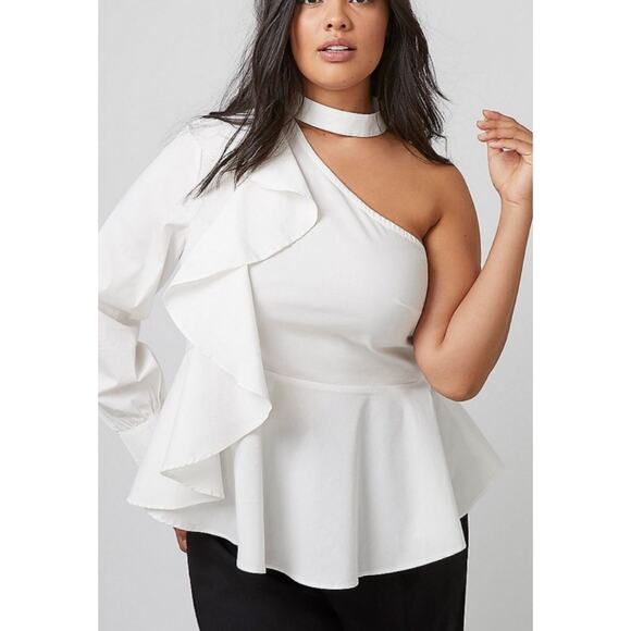 3/$20 ⭐️ Lane Bryant Ruffle Top Plus Size 20 White One Shoulder Peplum Choker - Picture 1 of 8
